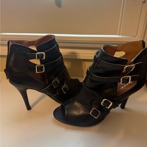 Black Strappy Buckle High Heel Booties - Women